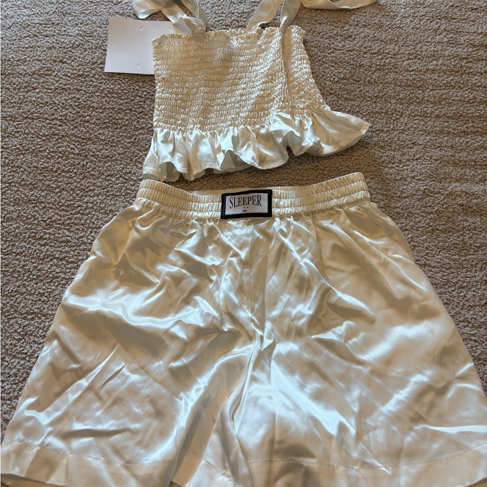 Sleeper Cream Silk Pajama Set with Ruched Top